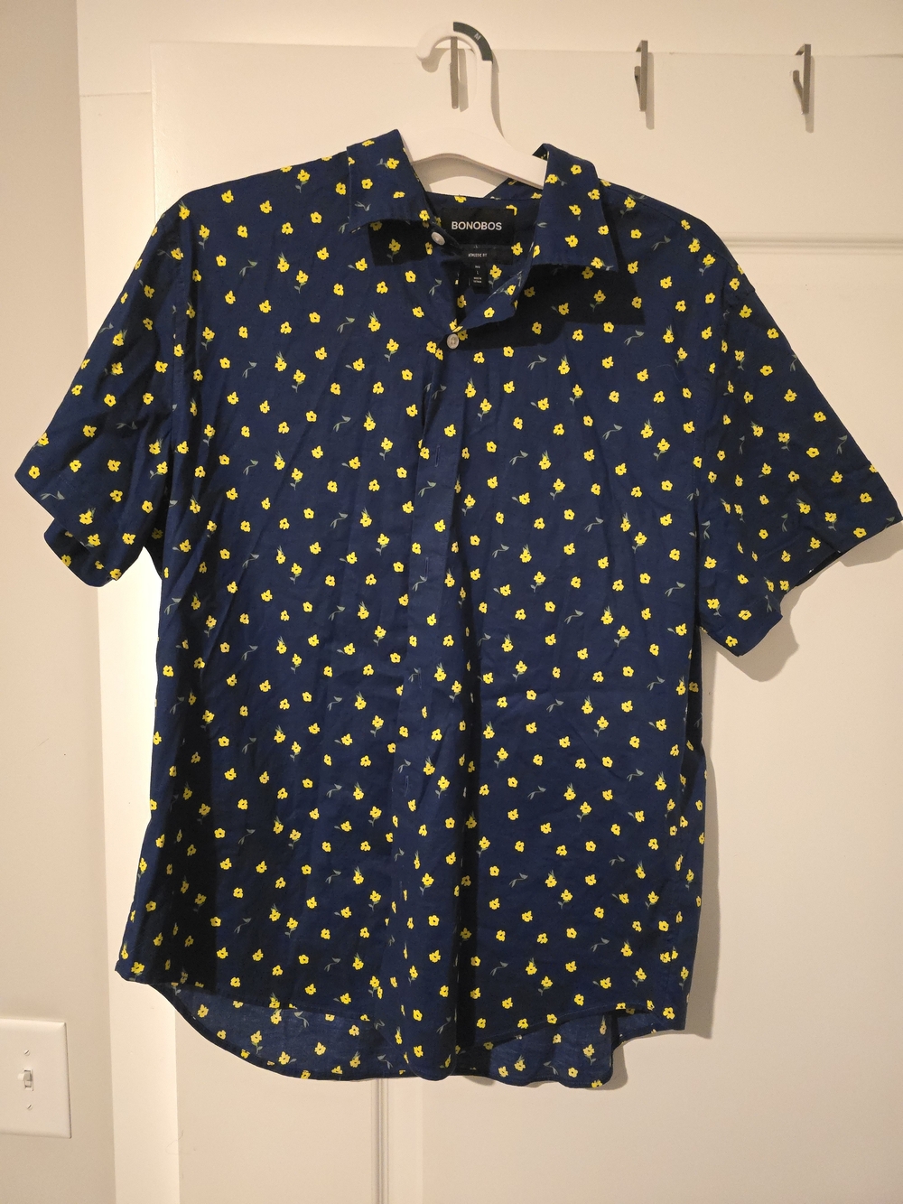 Bonobos Navy Short-Sleeve Shirt with Yellow Floral Print